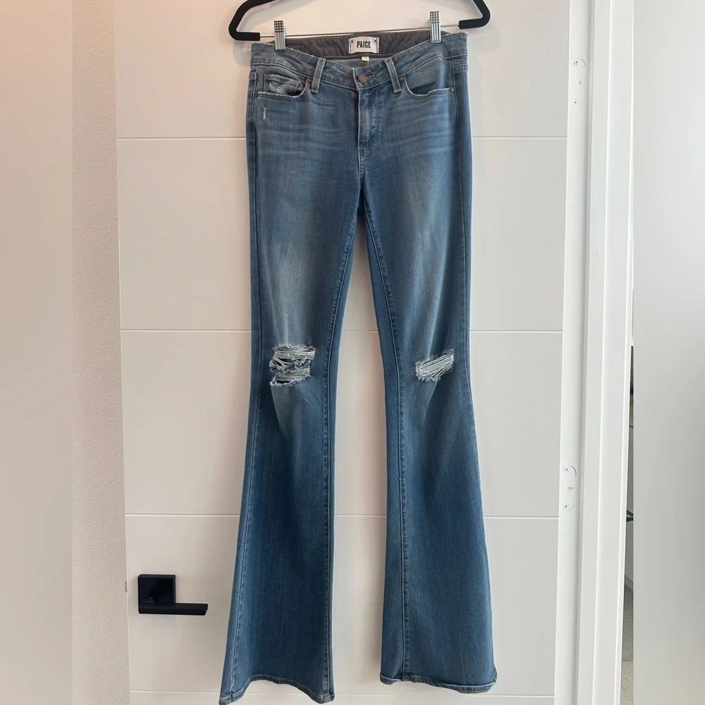 PAIGE Lou Lou Flare Jeans Low Rise Distressed Blue Denim | Size 27 - Picture 8 of 13